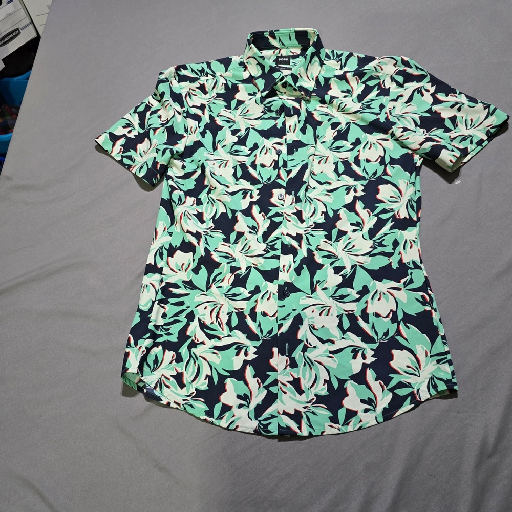 BOSS Hugo Boss Button Down Shirt Mens M Green Floral Slim Fit Short Sleeve